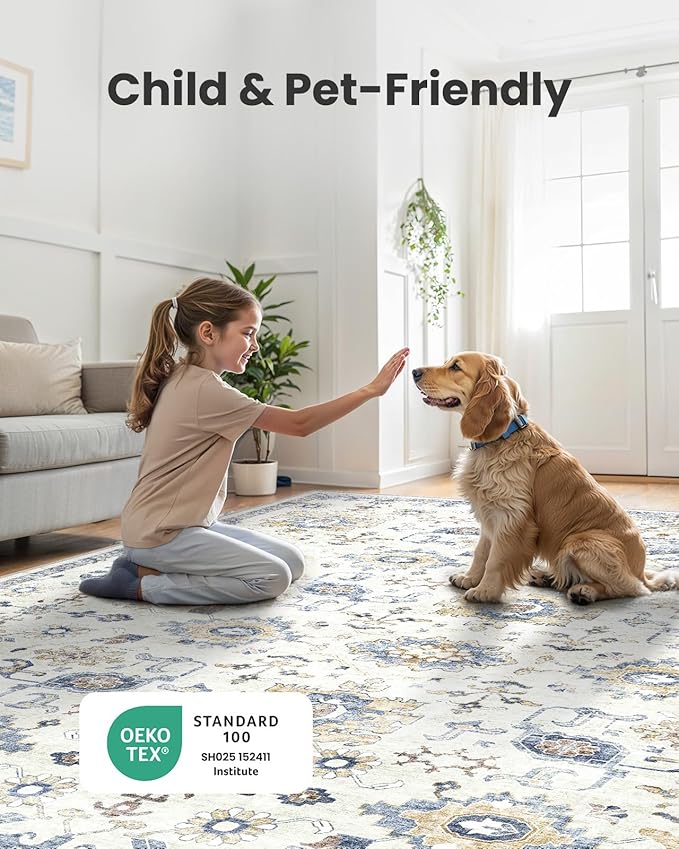 AMADA HOMEFURNISHING 8x10 Washable Area Rug, Low-Profile Large Area Rug with Non-Slip Backing & Durable Edge Binding, Vintage Large Rugs for Living Room, Bedroom, Dinning Room