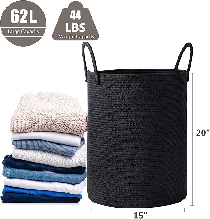 62L Black Woven Rope Hamper Laundry Basket for Clothes Tall Modern Blanket Storage Basket in Living Room Bedroom