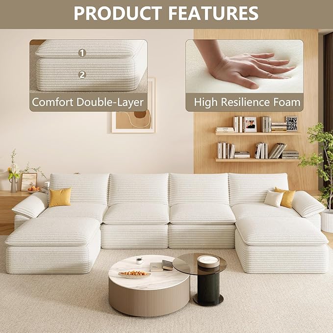 142" Cloud Sectional Couch with U-Shaped Chaise, Corduroy Sectional Sofa with Ottoman, Boneless Couch with Deep Seat in a Box for Living Room, No Assembly Required (White)