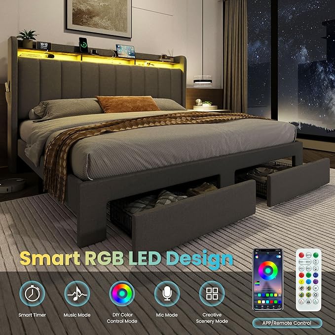 SHA CERLIN King Size Platform Bed Frame with Vertical Channel Tufted Wingback Headboard & 2 Storage Drawers/2-Tier Shelves with LED Lights & Charging Station/Noise-Free/No Box Spring Needed/Dark Grey