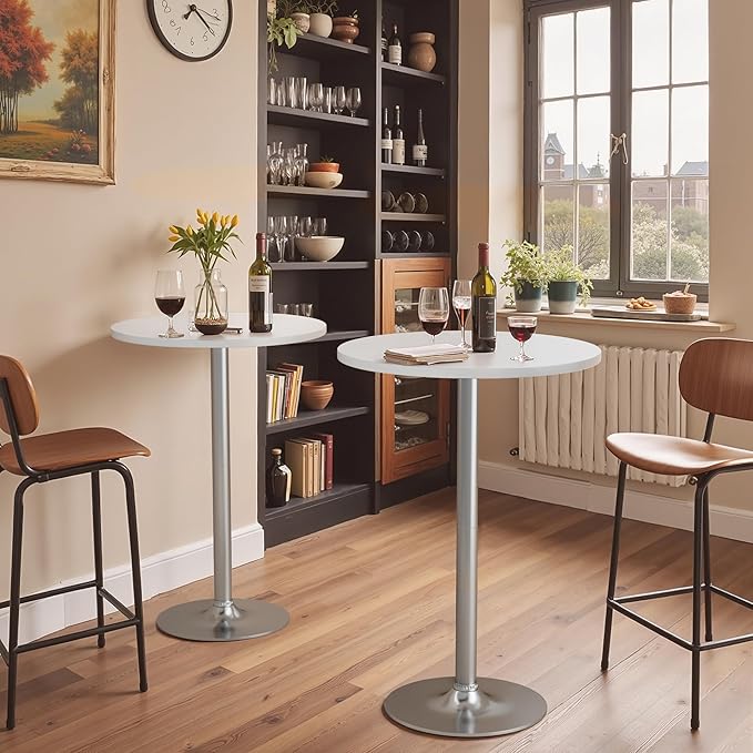 Homall Round Dining Table Bistro Pub 23.8 x 39.5 Inches Bar Table for Kitchen, Dining Room (1, White-Silver)