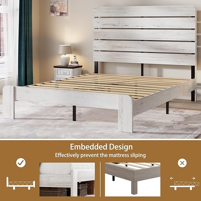 Queen Size Bed Frame with Wooden Headboard and Footboard, Rustic Platform Bedframe, Wood Slats Support, No Box Spring Needed, Under Bed Storage, Easy Assembly, White