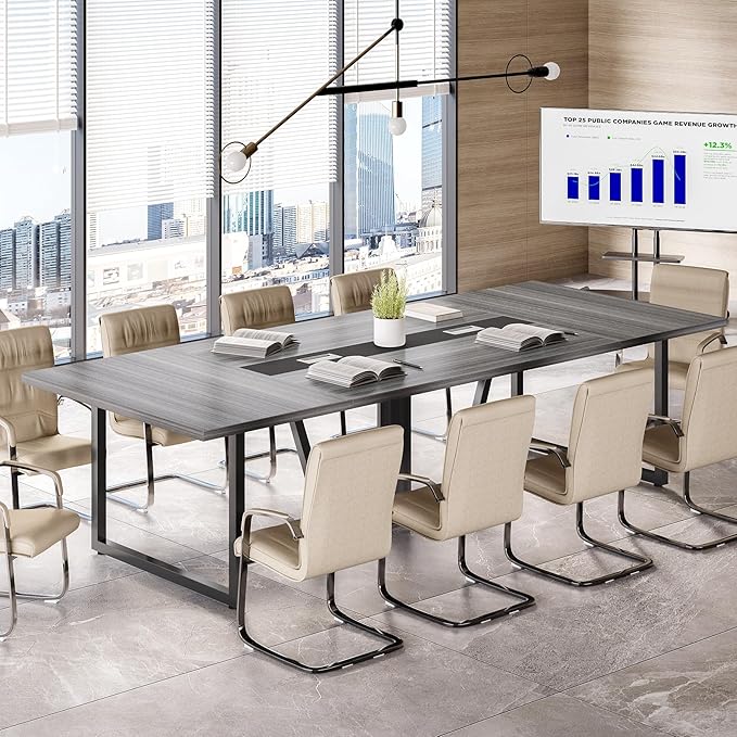 LITTLE TREE 8FT Conference Table for 10 People, Large Meeting Table, Modern Wooden Conference Room Tables with Cable Management, Business Style Training Tables with Strong Metal Legs for Office, Grey