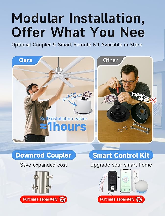 72 Inch Ceiling Fan Without Light with 8 Brushed Nickel Aluminum Blades,Industrial Ceilin fan with Remote,6 Speed,Quiet DC Motor,Large Outdoor Indoor Ceiling Fan for Patio,Garage,Living Room