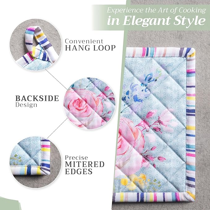 Maison d' Hermine 100% Cotton Oven Mitt & Pot Holder Set (7.5"x13" & 8"x8") Heat Resistant BBQ Cooking Gloves with Loop, Grilling, Kitchen, Handling Hot Pans Spring/Summer (Sweet Rose Lavender - Lush)