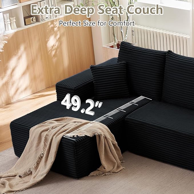 Sectional Cloud Couch for Living Room, Stupendous U Shaped Sofas, Modular Floor Deep-Seat Sofa, Big Comfy Corduroy Couches Set with Fluffy Memory Foam, No Assembly Required, Black