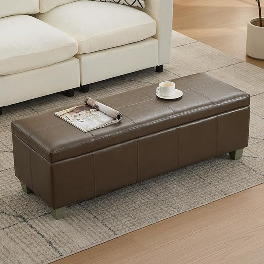 51" Faux Leather Storage Ottoman, Stitch Tufted Rectangle Upholstered End of Bed Storage Bench, Entryway Large Couch Ottoman with Wooden Legs, Coffee