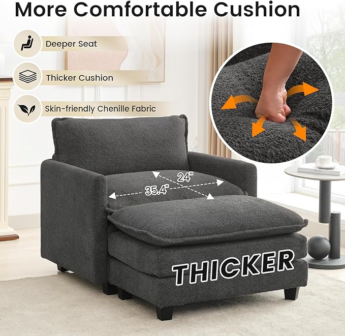 ROWHY Convertible Sectional Couch with Ottoman, Single Armchair with armrests, Modern Living Room Furniture Set, Small Couches for Small Spaces, for Living Room, Chenille, Charcoal Grey