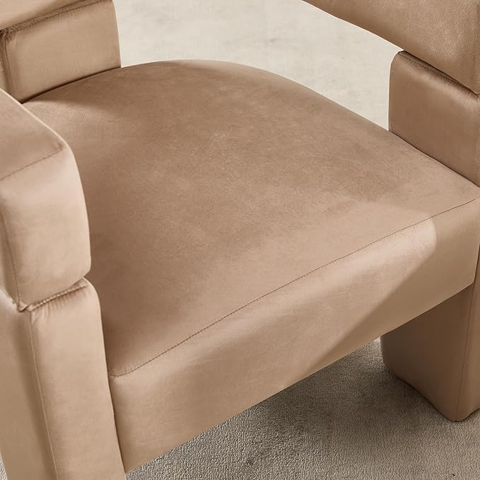 Modern Barrel Dining Chair Upholstered Velvet Dining Room Chair with Arms Comfy Side Chair for Kitchen/Living Room/Reception, Khaki