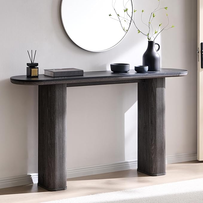 OKD 63" Modern Console Table with Arc Marble Texture Top, Fluted Wood Base, Contemporary Entryway Sofa Table for Living Room, Hallway, Foyer, Dark Alder