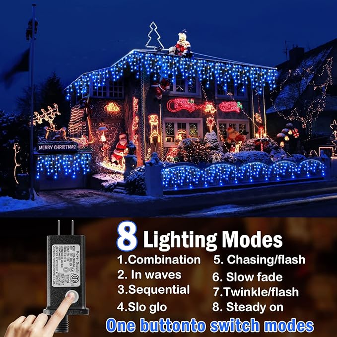 Hezbjiti Outdoor Christmas Lights, 400LED Ice Lights 33FT LED Fairy String Lights with 8 Modes and 75 Drops for Eaves, Party, Yard, Garden Decor（Bule）