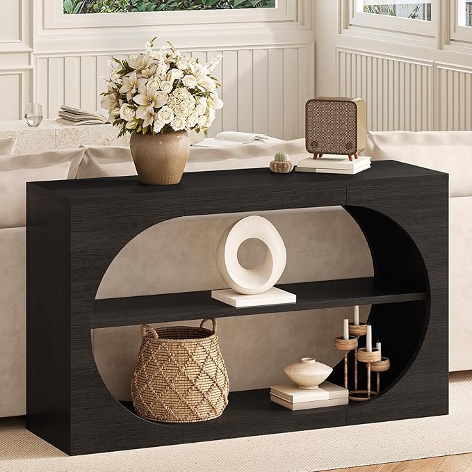 55-Inch Entryway Table with Storage, 3-Tier Console Tables, Behind Couch Table Wood Narrow Console Tables for Entryway, Living Room, Foyer, Hallway, Entry (Black)