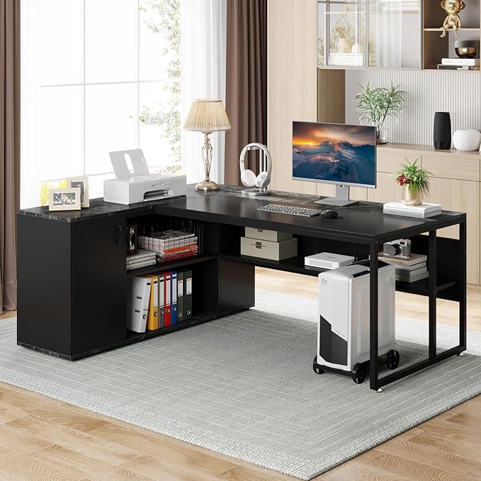 Tribesigns 71 inch Executive Desk, L Shaped Desk with Cabinet Storage, Executive Office Desk with Shelves, Business Furniture Set Workstation for Home Office, Black