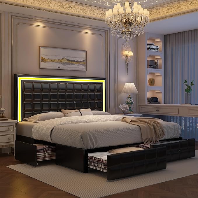 Queen Bed Frame with LED Lights & Storage Drawers, No Box Spring Needed, Heavy Duty 900lbs Weight Capacity, Easy Assembly, Modern Upholstered Platform Bed, PU Black