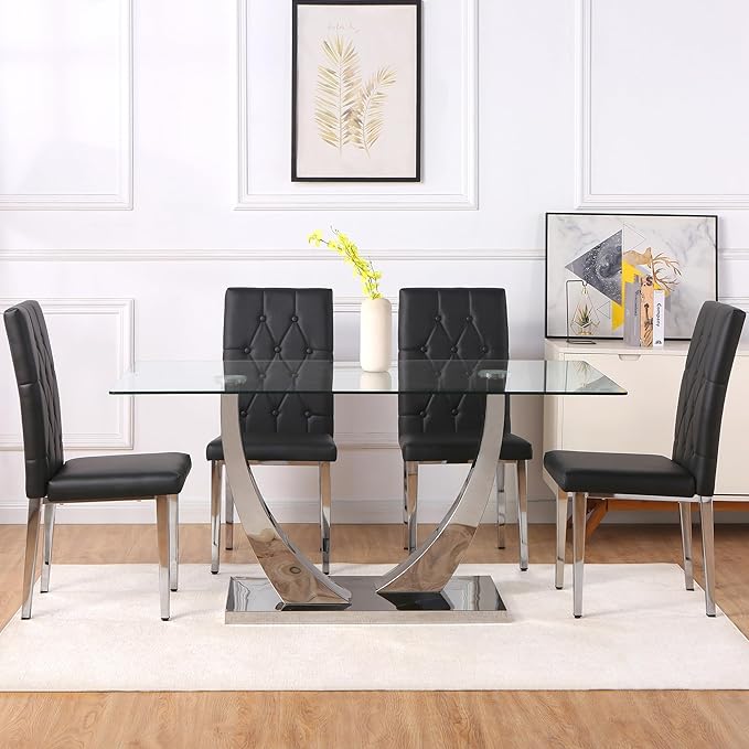 Modern Dining Table Set for 4,Dining Room Table Set for 4,Kitchen Table Set with 4 PU Leather Chairs,63'' Glass Dining Table Set with Silver U-Shaped Table Legs and Rectangular Base