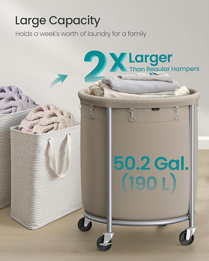 SONGMICS 50.2-Gallon (190 L) Laundry Basket with Wheels, Rolling Round Heavy-Duty Laundry Hamper Cart with Steel Frame and Removable Bag, 2 Locking Wheels, Camel Brown and Metallic Silver URLS001N01