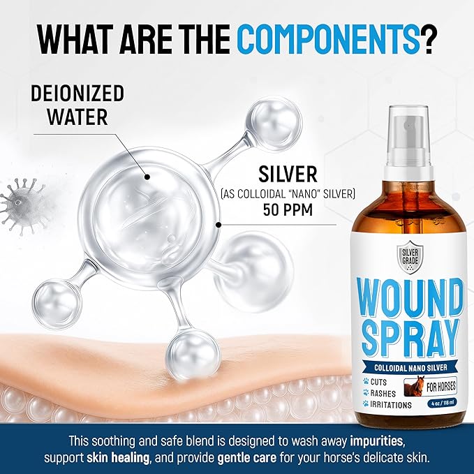 Horse Wound Care Spray with Silver – Wounds, Scratches, Cuts, Abrasions, Itching, Hot Spots, Skin Irritation – First Aid Solution and Breeds – 4 Oz