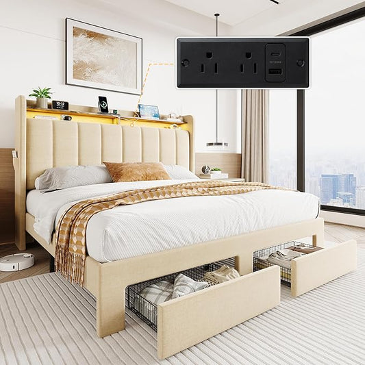 SHA CERLIN Full Size Platform Bed Frame with Vertical Channel Tufted Wingback Headboard & 2 Storage Drawers/2-Tier Shelves with LED Lights & Charging Station/Noise-Free/No Box Spring Needed/Beige