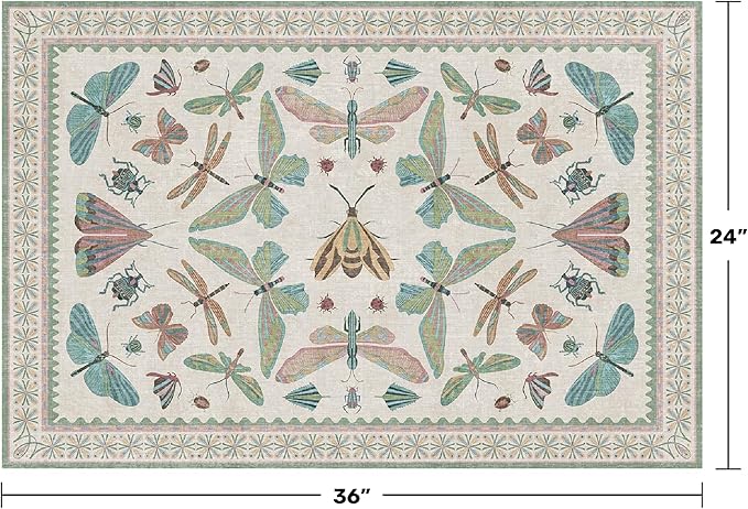 Washable Boho Bathroom Rug 2x3, Small Throw Rugs for Kitchen, Powder Room, Front Door Indoor Entrance, Non Slip Low Pile Stain Resistant, Dusty Green Colorful Cool Insect Aethestic