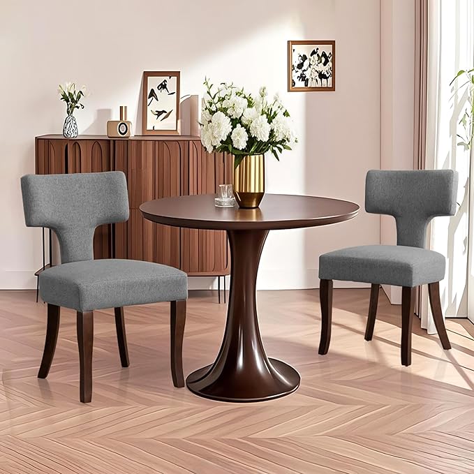 Mid Century Modern Dining Chairs Set of 2, Upholstered Side Dining Chairs with Curved Back Linen Fabric Armless Wood Chairs Kitchen & Dining Room Farmhouse Chairs (Gray)