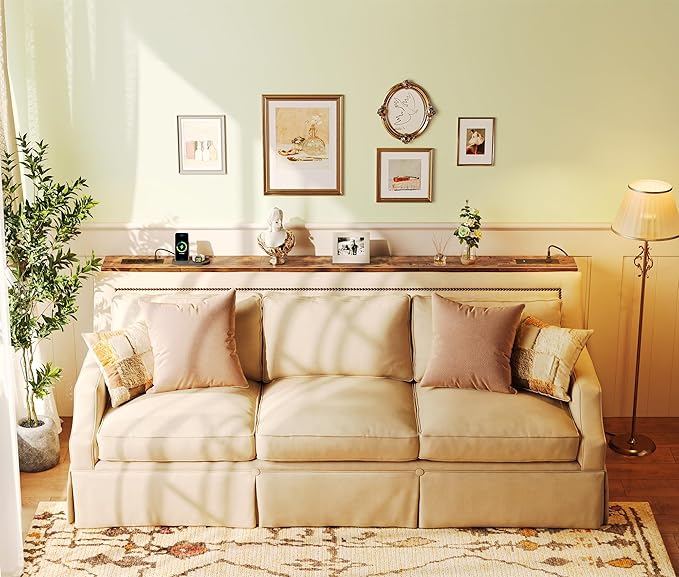 SUPERJARE 5.7 Inch Console Table with Outlet, Sofa Table, Behind Couch Table, 5.7 x 39.4 x 29.7 Inches, Metal Frame, for Living Room, Hallway, Rustic Brown