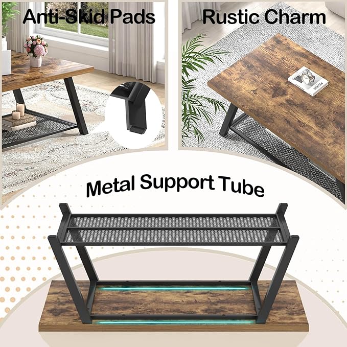 FOLUBAN 47 Inch Coffee Table, Industrial Wood and Metal Living Room Table with Storage Shelf, Rectangle Center Table, Rustic Brown