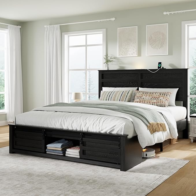 Queen Size Bed Frame with Wood Headboard, Wooden Platform Bedframe with Sliding Barn Door Footboard and Charging Station Easy Assembly, No Box Spring Needed (Black, Queen)