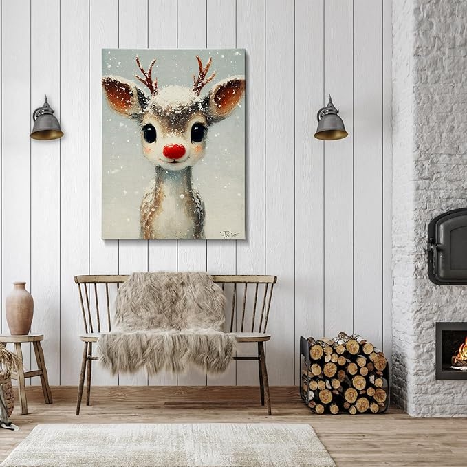 Funny Red Nose Deer Christmas Canvas Wall Art - Whimsical Framed Winter Wall Art for Living Room & Office, Cute Christmas Wall Decor with Wood Frame, Playful Christmas Gifts & Cozy Winter Decor