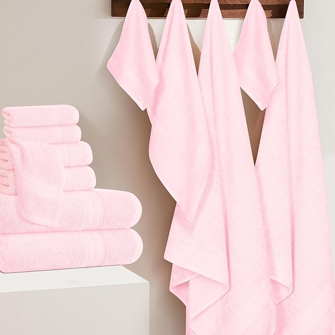 BOUTIQUO 24 Pack Cotton Towel Set, Contains 6 Bath Towels 27x54 inch, 6 Hand Towels 16x24 inch & 12 Wash Coths 12x12 inch, Ideal Everyday use, Ultra Soft Compact & Lightweight - Pink
