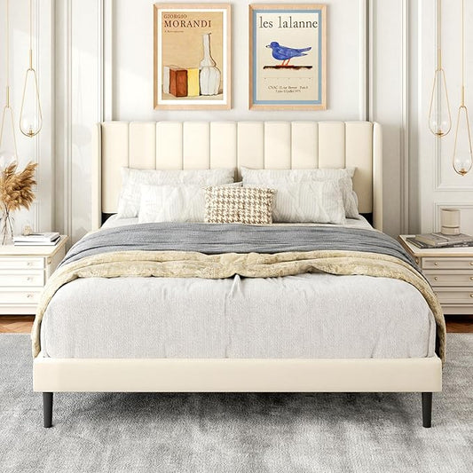 Queen Size Bed Frame with Upholstered Wingback Headboard, Easy Assemnly Platform Bed, Wooden Slat Support No Box Spring Needed, Cream