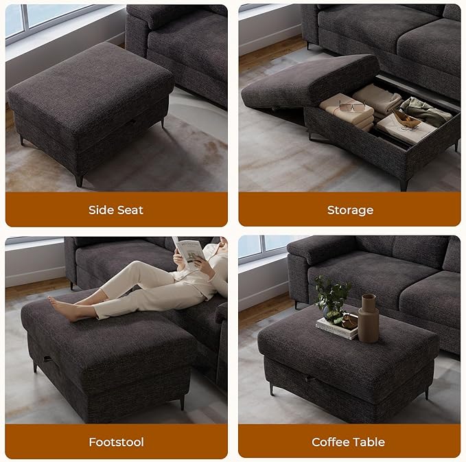 35" Large Storage Ottoman for Living Room, 7.8" Deep Seat Rectangular Ottoman Foot Rest for Couch, Chenille Storage Footstool Load 350 lb （Dark Dray）