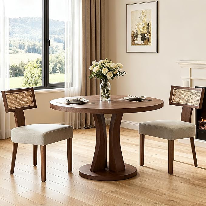 Rattan Dining Chairs Set of 2, Mid-Century Modern Dining Chair, Kitchen Dining Room Chairs, Curved Cane Back Upholstered PU Leather Dining Chairs with Wood Frame, Grey