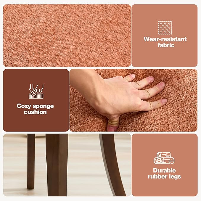 UVV Wooden Dining Chairs Set of 2, Mid Century Modern Upholstered Dining Room Chair Kitchen Chairs, Chenille Dinner Chair with Solid Wood Legs for Kitchen Dining Room, Orange-Chenille