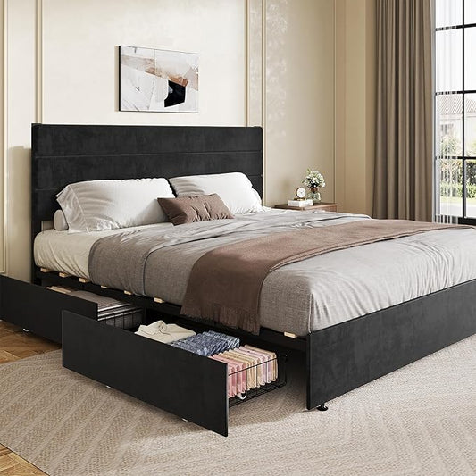 WLIVE King Size Upholstered Bed Frame with 4 Drawers and Velvet Square Tufted Headboard, Sturdy Metal & Wooden Slats Support, No Box Spring Needed, Easy Assembly, Black