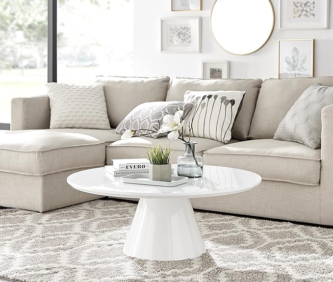 Furniturebox UK Coffee Table - Palma Round Coffee Table - Contemporary Minimalist Round Coffee Table with Tapered Central Pillar - White High-Gloss Finish - Living Room Furniture