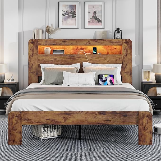 Queen Size Wooden Bed Frame with Bookcace Storage Headboard, Rustic Farmhouse Bedframe with LED Lights and Charging Station, Sturdy and Stable, Slat Support, No Box Spring Required (Brown, Queen)