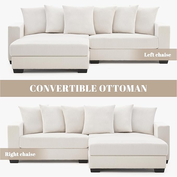 101.6" Deep Seat Modular Sectional Sofa, Comfy Corduroy Sectional Couches for Living Room, L-Shaped Upholstered Cloud Couch with Chaise, Widened Armrests for 4 People, Beige