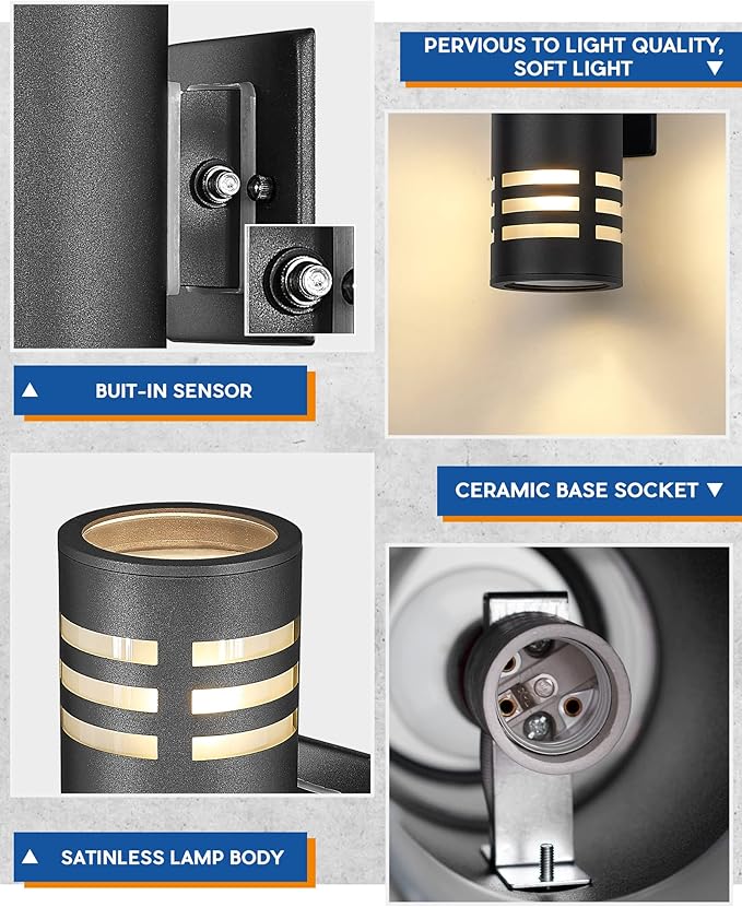 TENGXIN Outdoor Wall Lights, 2-Pack Dusk to Dawn Modern Outdoor Wall Sconce with Stainless Steel Cylinder, Black Finish Wall Mount Light,IP65 Waterproof