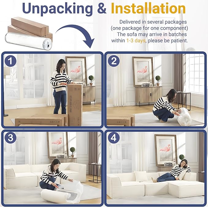 38“ Modular Sectional Sofa Convertible Cube Thick Couch Seat Set, Combine L-Shaped U-Shaped, Free Assembly, Space-Saving for Living Room, Fabric Chenille Beige White (Only Armless)