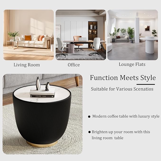 Round Coffee Table Set with Sintered Stone Tabletop, 27.56" Black Drum Center Table and 19.69" Black Coffee Table Set, 2 Pieces Living Room Table Set with Fluted PU Leather Cover& Metal Base