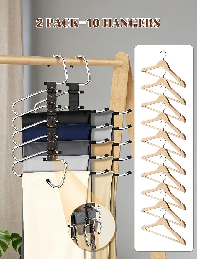 Pants Hangers 2 Pack Space Saving Metal Closet Organizer, Anti-Slip Design, Multi-Layer Space Saving Hangers, Closet Organizers and Storage for Jeans, Trousers, Skirts, Scarves, Slacks, Black