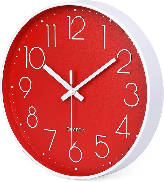 jomparis Red Wall Clock 12 Inch Silent Non-Ticking Battery Operated Quality Quartz Round Wall Clock Modern Decor Clock for Home Bedroom