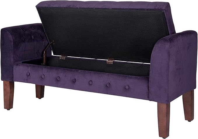 HomePop Velvet Tufted Storage Bench Settee with Hinged Lid, Purple 50" x 18" x 23"