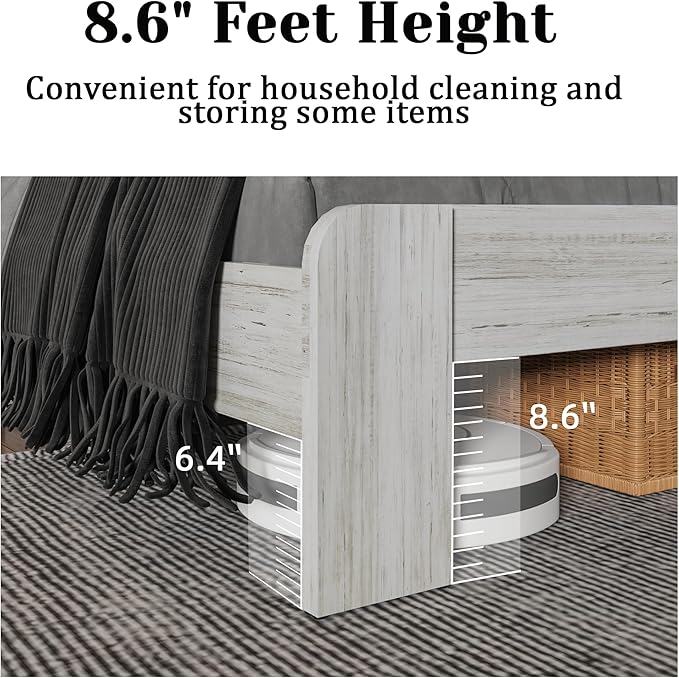 Queen Size Wooden Bed Frame with Headboard, Boho Platform Bedframe with Wood Slat Support, Sturdy and No Noise, Easy Assembly (Boho White, Queen)