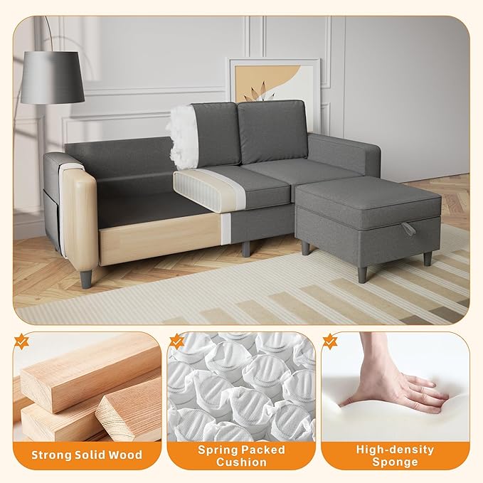 Sectional Sofa Couches for Living Room, 78'' Dark Grey 3 Seater L-Shaped Couch with Storage Ottoman, Comfy Fabric Convertible Sectionals Sofas with Chaise for Apartment, Office, Small Space