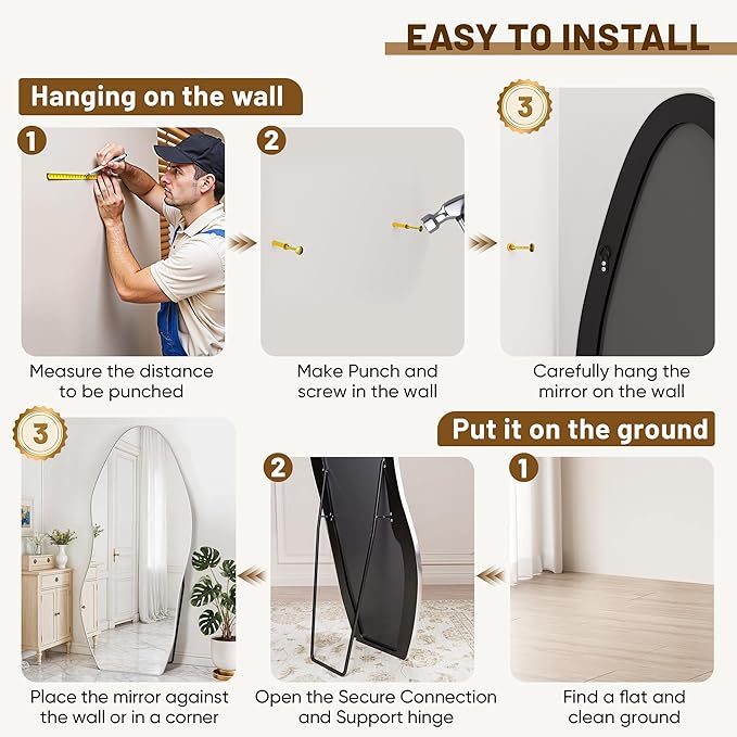 Antok Full Length Mirror, 76"x36" Floor Mirror with Stand, Standing Hanging Leaning Irregular Mirrors for Bedroom Living Room Entryway, Wavy Shaped, Silvery