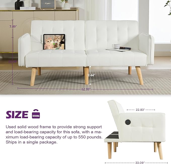 TYBOATLE Modern White Faux Leather Upholstered Convertible USB Folding Futon Sofa Bed, 65" Couch, Love Seats Furniture for Small Space Configuration, Apartment, Dorm, Living Room, Office