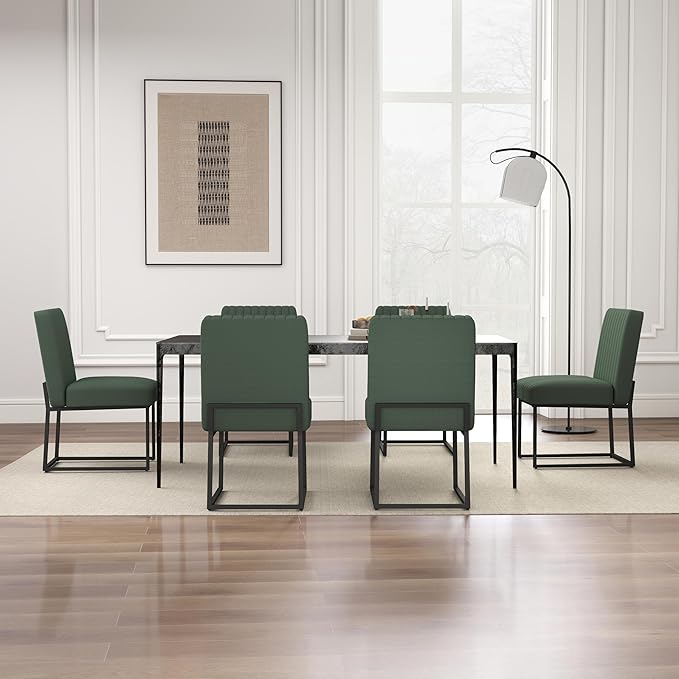 VKNOW Upholstered Dining Chairs Set of 6, Modern Dining Room Chairs with Stripe, Linen Kitchen Chair Dinner Chair with Black Metal Base for Kitchen Office, Green