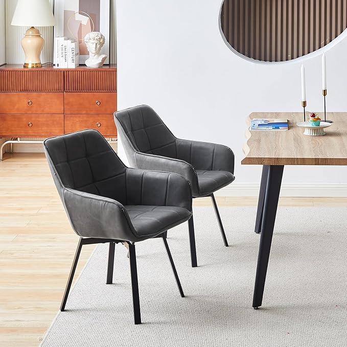 TUKAILAi Swivel Dining Chairs Set of 2, Faux Leather Upholstered Mid Century Accent Chairs with Metal Legs, Rotatable Kitchen Chair for Home Office Kitchen Restaurant (Grey)