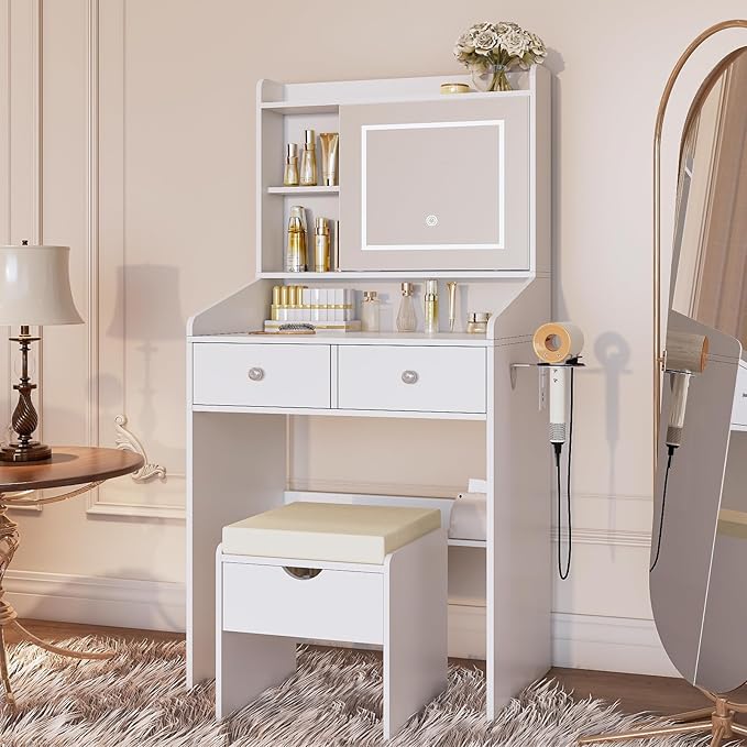 Vanity, Small Vanity Desk with Sliding Mirror, Dimmable LED Lights, 2 Drawers,Vanity Table Ideal for Bedroom (White)